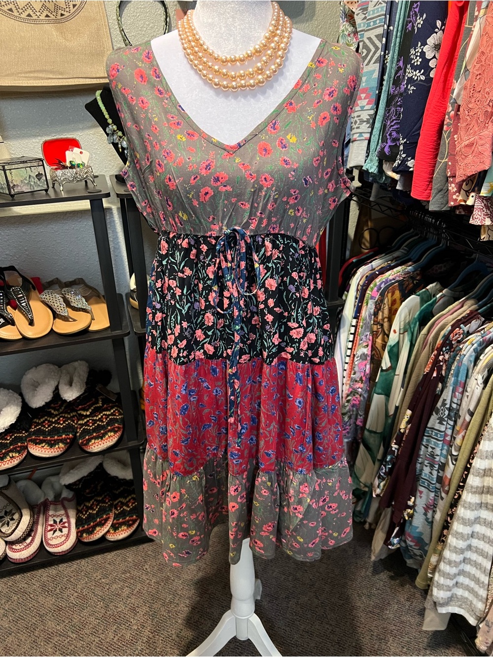 Sacred Threads Olive, Coral and Black Tiered Floral Midi Dress